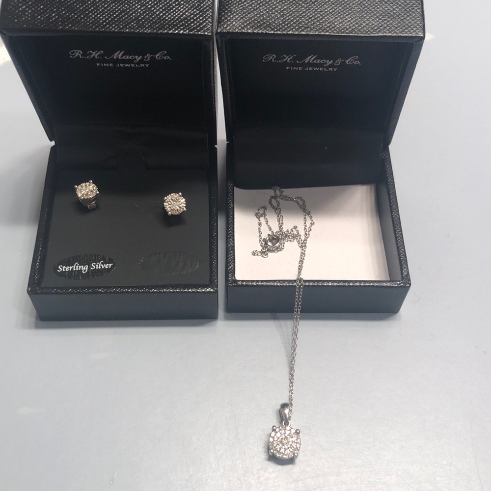 Diamond Cluster Stud Earrings & Necklace Set